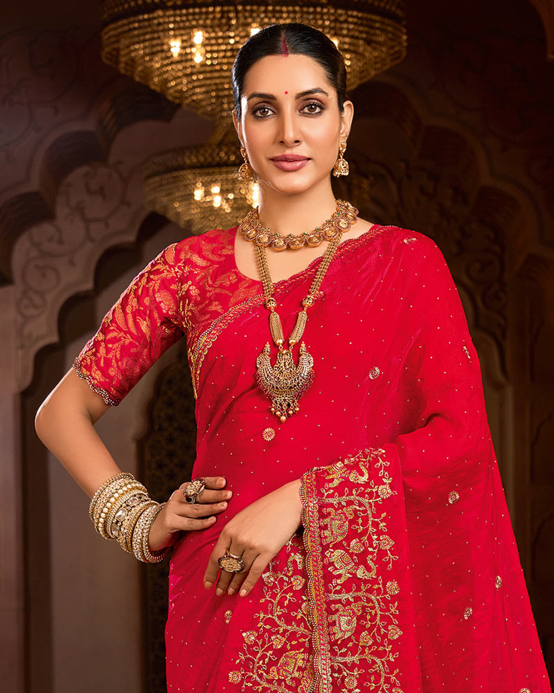 Vishal Prints Rich Carmine Red Designer Fancy Satin Traditional Saree With Zari-Embroidery Work And Cut Work Border