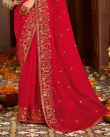 Vishal Prints Rich Carmine Red Designer Fancy Satin Traditional Saree With Zari-Embroidery Work And Cut Work Border