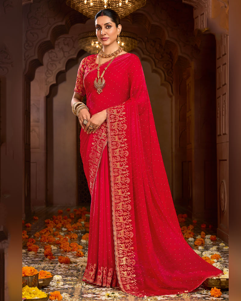 Vishal Prints Venetian Red Designer Fancy Satin Traditional Saree With Zari-Embroidery Work And Cut Work Border