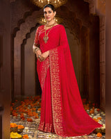 Vishal Prints Venetian Red Designer Fancy Satin Traditional Saree With Zari-Embroidery Work And Cut Work Border