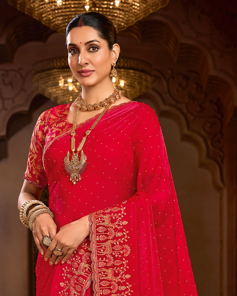 Vishal Prints Venetian Red Designer Fancy Satin Traditional Saree With Zari-Embroidery Work And Cut Work Border