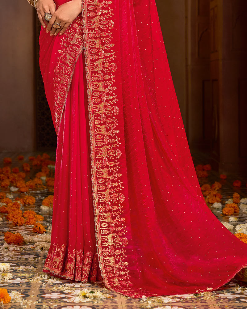Vishal Prints Venetian Red Designer Fancy Satin Traditional Saree With Zari-Embroidery Work And Cut Work Border
