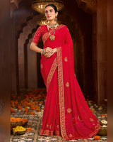 Vishal Prints Lava Red Designer Fancy Satin Traditional Saree With Zari-Embroidery Work And Cut Work Border