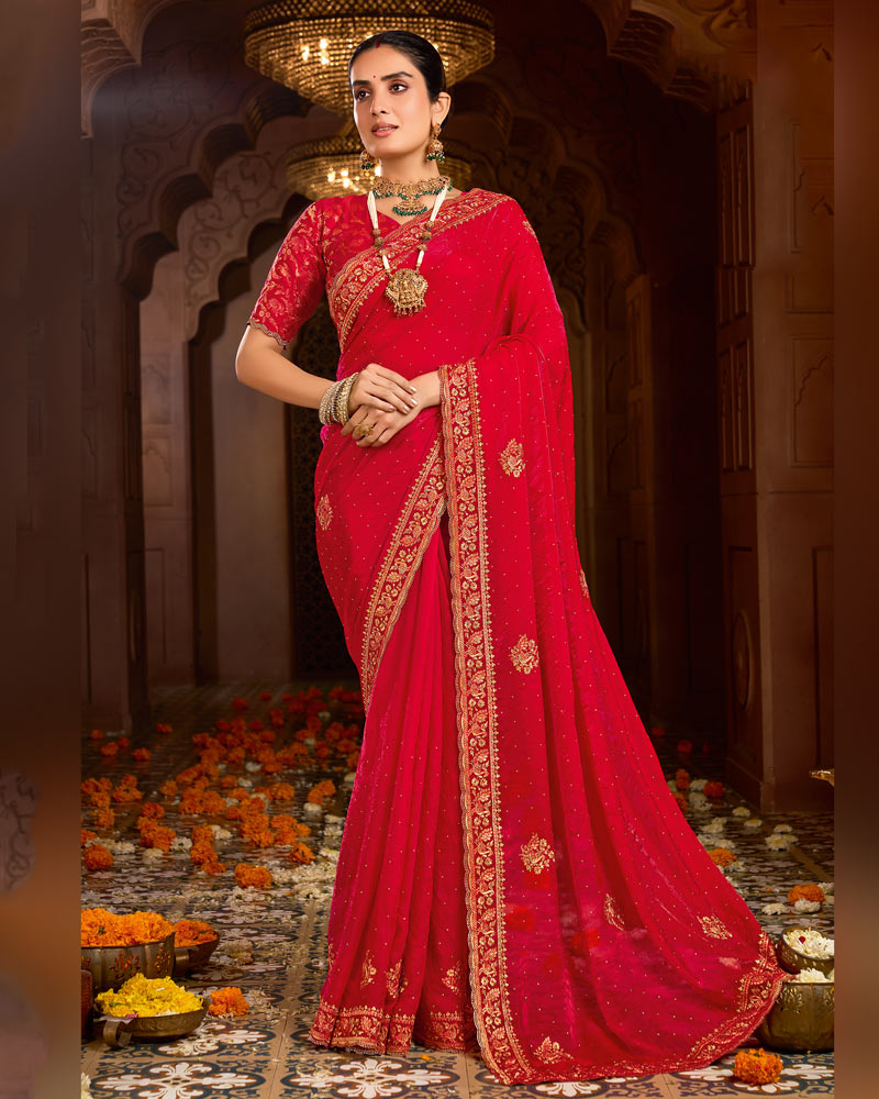 Vishal Prints Lava Red Designer Fancy Satin Traditional Saree With Zari-Embroidery Work And Cut Work Border