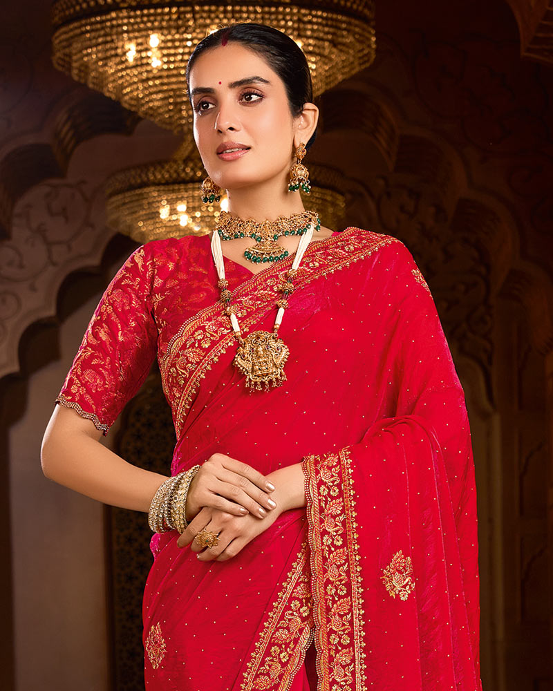 Vishal Prints Lava Red Designer Fancy Satin Traditional Saree With Zari-Embroidery Work And Cut Work Border