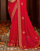 Vishal Prints Lava Red Designer Fancy Satin Traditional Saree With Zari-Embroidery Work And Cut Work Border