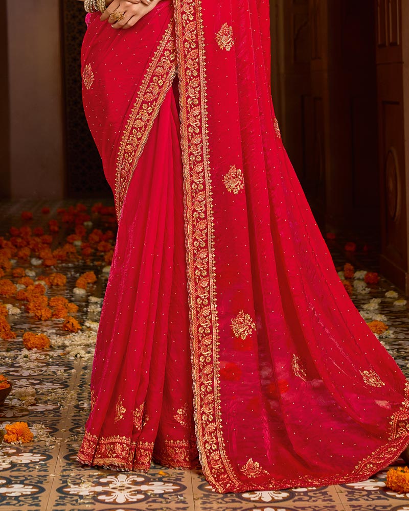 Vishal Prints Lava Red Designer Fancy Satin Traditional Saree With Zari-Embroidery Work And Cut Work Border