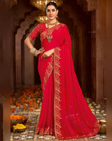 Vishal Prints Scarlet Red Designer Fancy Satin Traditional Saree With Zari-Embroidery Work And Cut Work Border