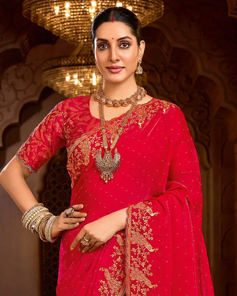 Vishal Prints Scarlet Red Designer Fancy Satin Traditional Saree With Zari-Embroidery Work And Cut Work Border