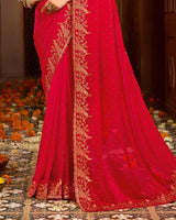 Vishal Prints Scarlet Red Designer Fancy Satin Traditional Saree With Zari-Embroidery Work And Cut Work Border