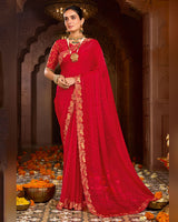 Vishal Prints Lipstick Red Designer Fancy Satin Traditional Saree With Zari-Embroidery Work And Cut Work Border