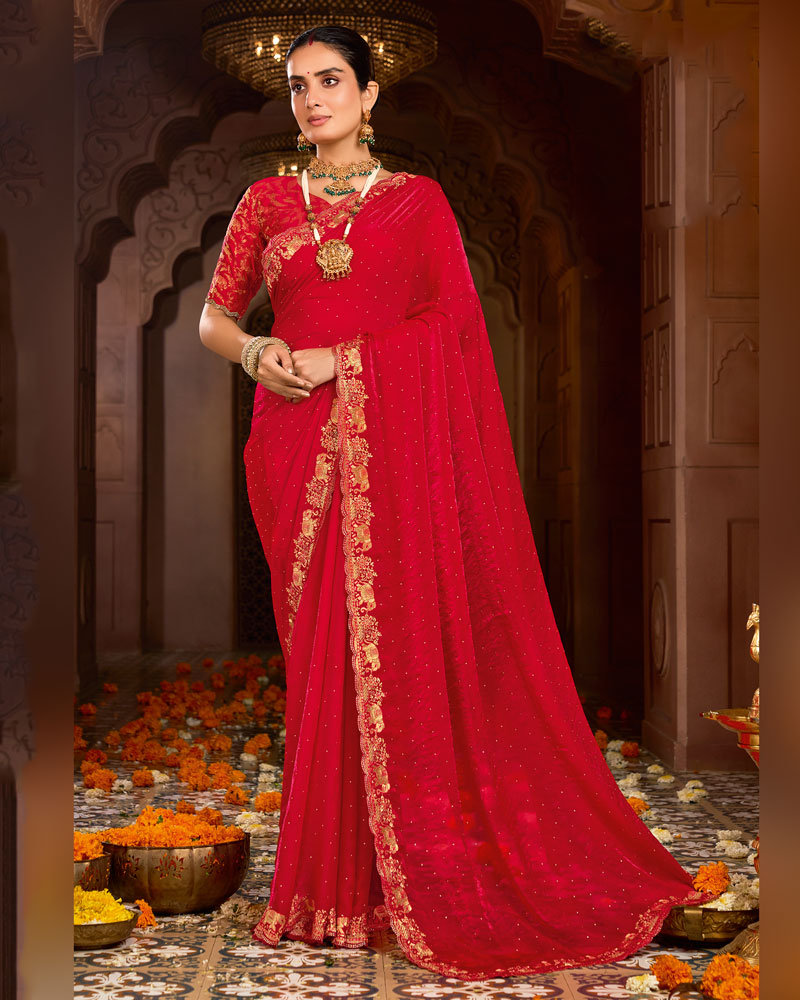 Vishal Prints Lipstick Red Designer Fancy Satin Traditional Saree With Zari-Embroidery Work And Cut Work Border