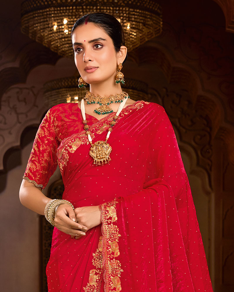 Vishal Prints Lipstick Red Designer Fancy Satin Traditional Saree With Zari-Embroidery Work And Cut Work Border