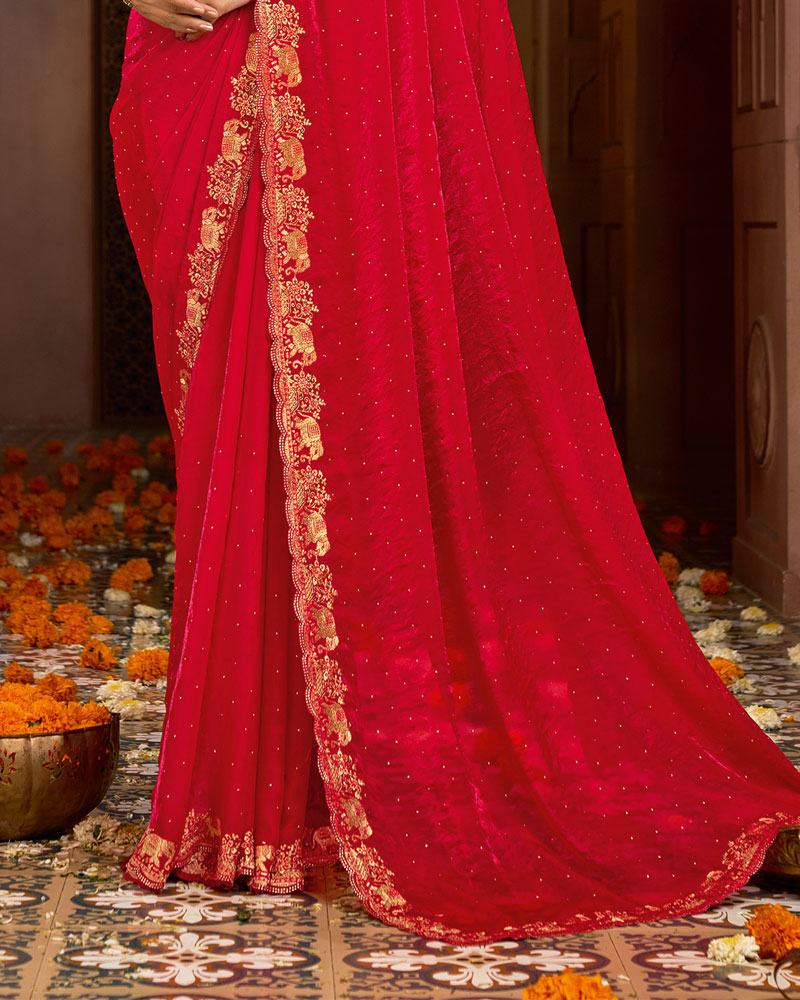 Vishal Prints Lipstick Red Designer Fancy Satin Traditional Saree With Zari-Embroidery Work And Cut Work Border