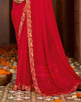 Vishal Prints Lipstick Red Designer Fancy Satin Traditional Saree With Zari-Embroidery Work And Cut Work Border