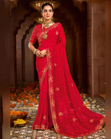 Vishal Prints Dark Cherry Red Designer Fancy Satin Traditional Saree With Zari-Embroidery Work And Cut Work Border