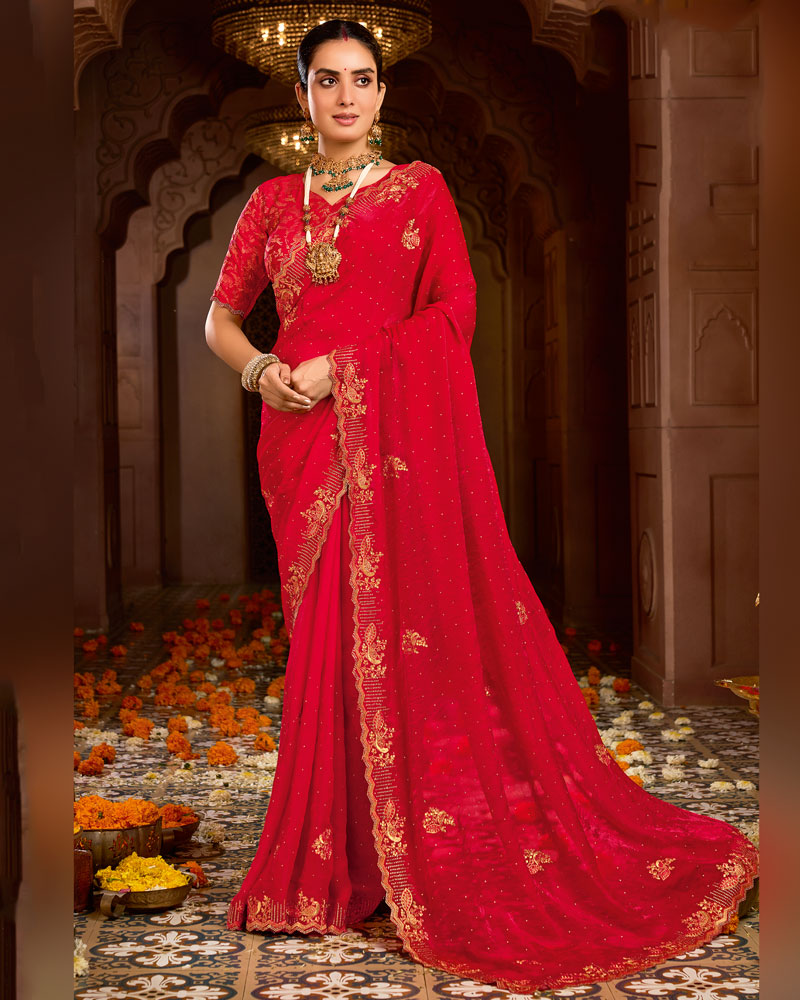 Vishal Prints Dark Cherry Red Designer Fancy Satin Traditional Saree With Zari-Embroidery Work And Cut Work Border