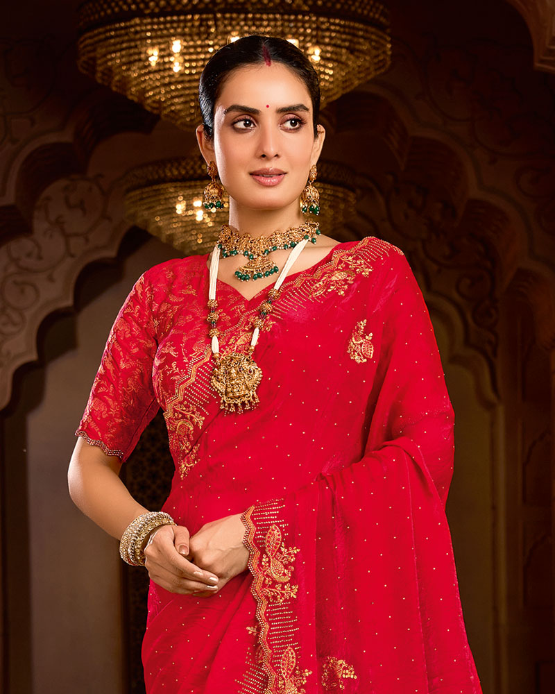 Vishal Prints Dark Cherry Red Designer Fancy Satin Traditional Saree With Zari-Embroidery Work And Cut Work Border