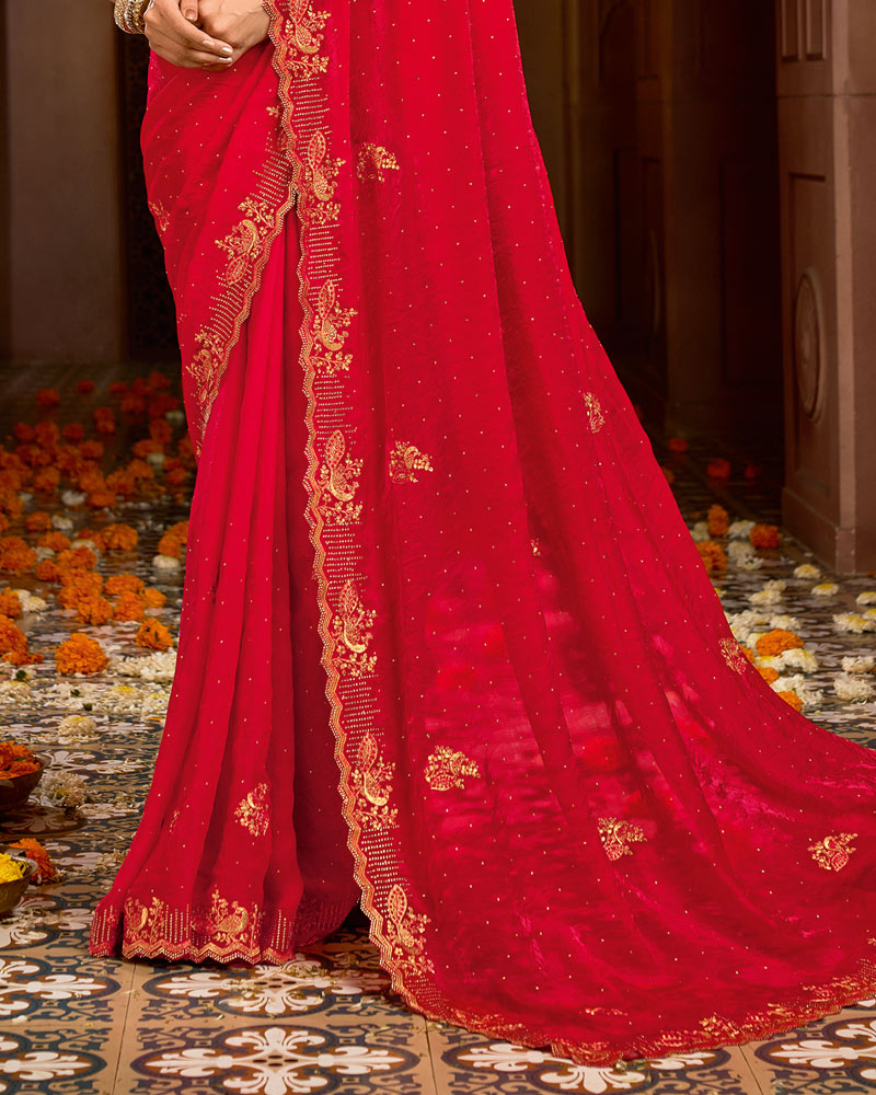 Vishal Prints Dark Cherry Red Designer Fancy Satin Traditional Saree With Zari-Embroidery Work And Cut Work Border