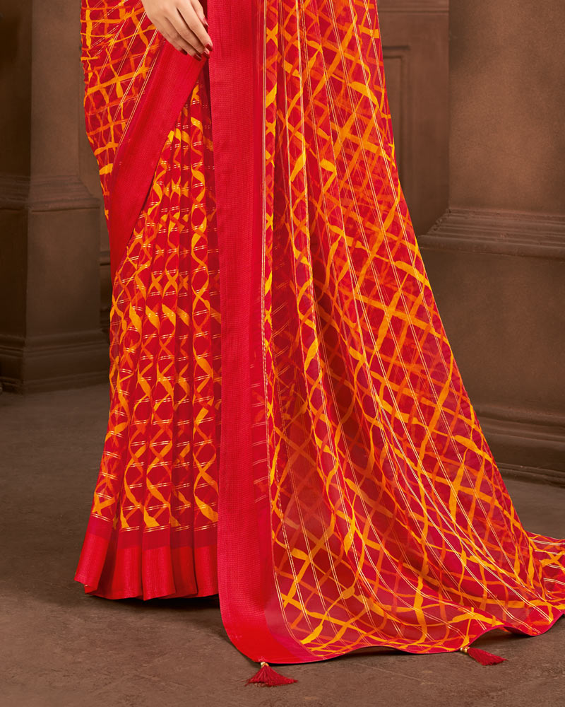 Vishal Prints Cherry Red Printed Patterned Chiffon Saree With Weaved Satin Patta And Tassel