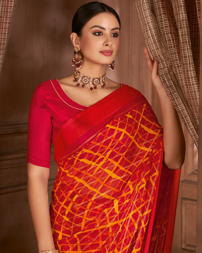 Vishal Prints Cherry Red Printed Patterned Chiffon Saree With Weaved Satin Patta And Tassel