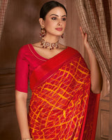 Vishal Prints Cherry Red Printed Patterned Chiffon Saree With Weaved Satin Patta And Tassel