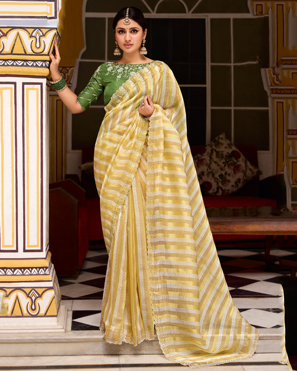 Vishal Prints White Gold Designer Crushed Tissue Saree With Diamond Work And Cut Work Embroidery Border