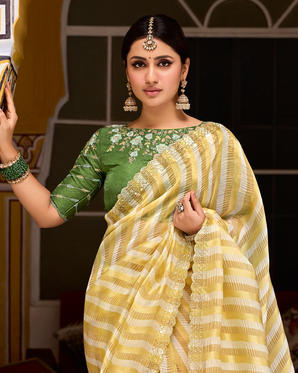 Vishal Prints White Gold Designer Crushed Tissue Saree With Diamond Work And Cut Work Embroidery Border