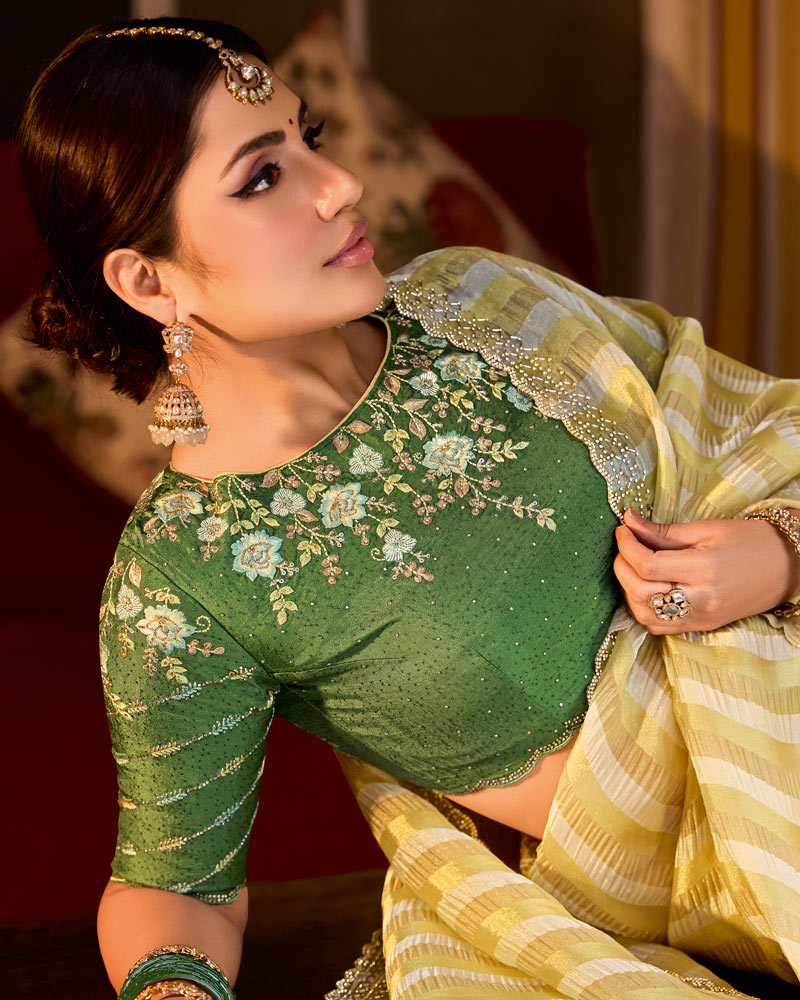 Vishal Prints White Gold Designer Crushed Tissue Saree With Diamond Work And Cut Work Embroidery Border