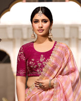 Vishal Prints Pink Orange Designer Crushed Tissue Saree With Diamond Work And Cut Work Embroidery Border