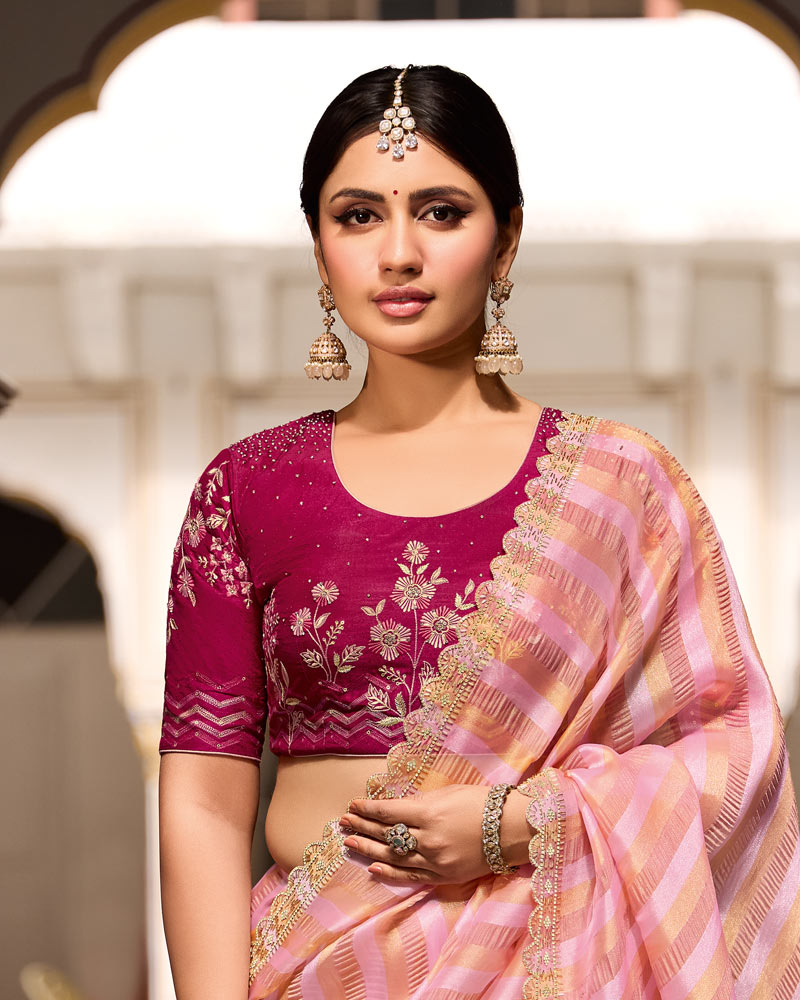 Vishal Prints Pink Orange Designer Crushed Tissue Saree With Diamond Work And Cut Work Embroidery Border