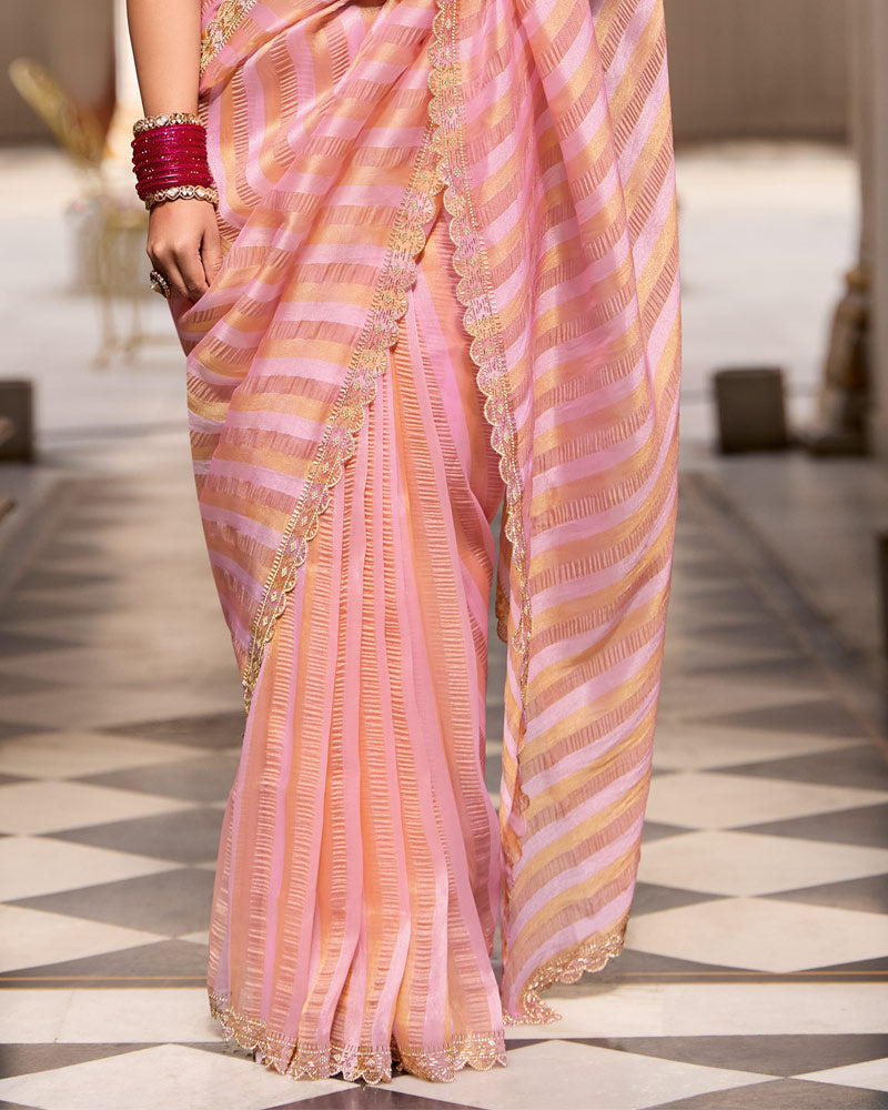 Vishal Prints Pink Orange Designer Crushed Tissue Saree With Diamond Work And Cut Work Embroidery Border