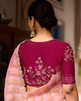 Vishal Prints Pink Orange Designer Crushed Tissue Saree With Diamond Work And Cut Work Embroidery Border