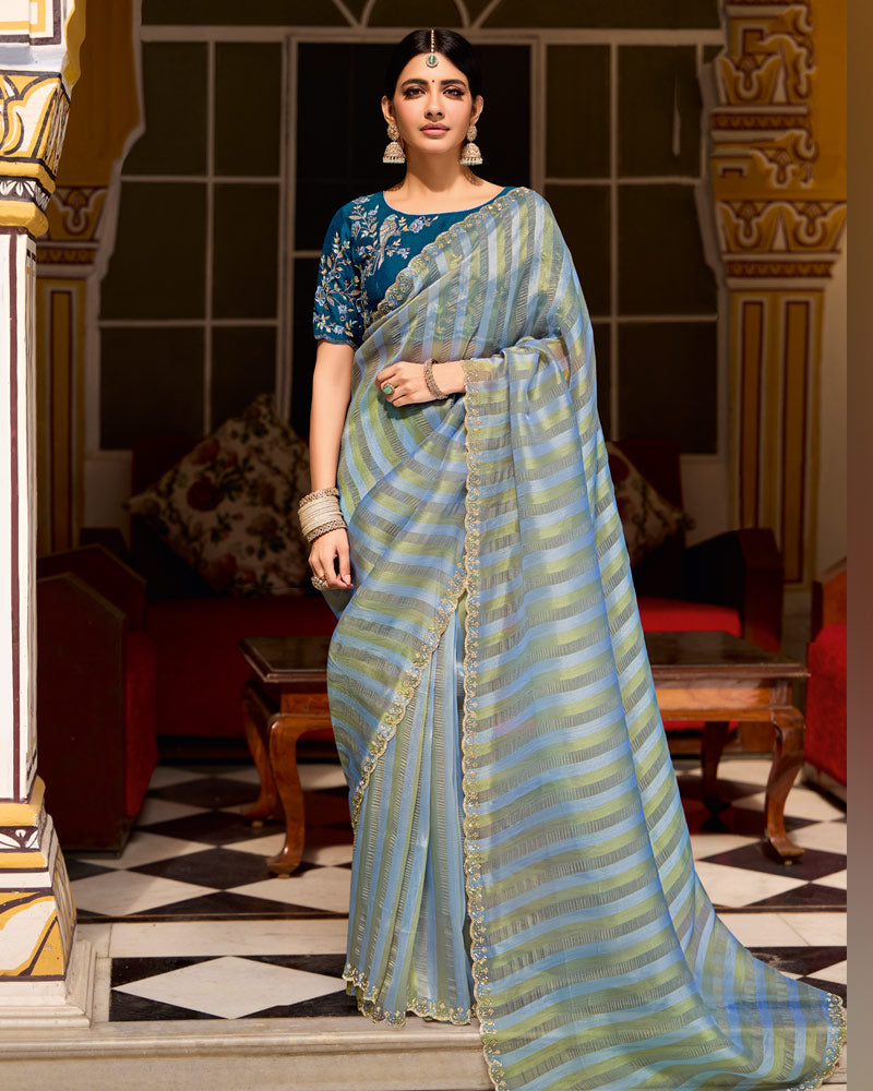 Vishal Prints Blue Gold Designer Crushed Tissue Saree With Diamond Work And Cut Work Embroidery Border