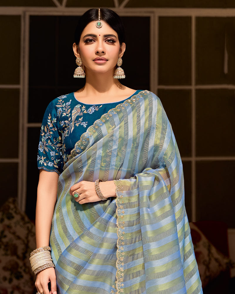 Vishal Prints Blue Gold Designer Crushed Tissue Saree With Diamond Work And Cut Work Embroidery Border