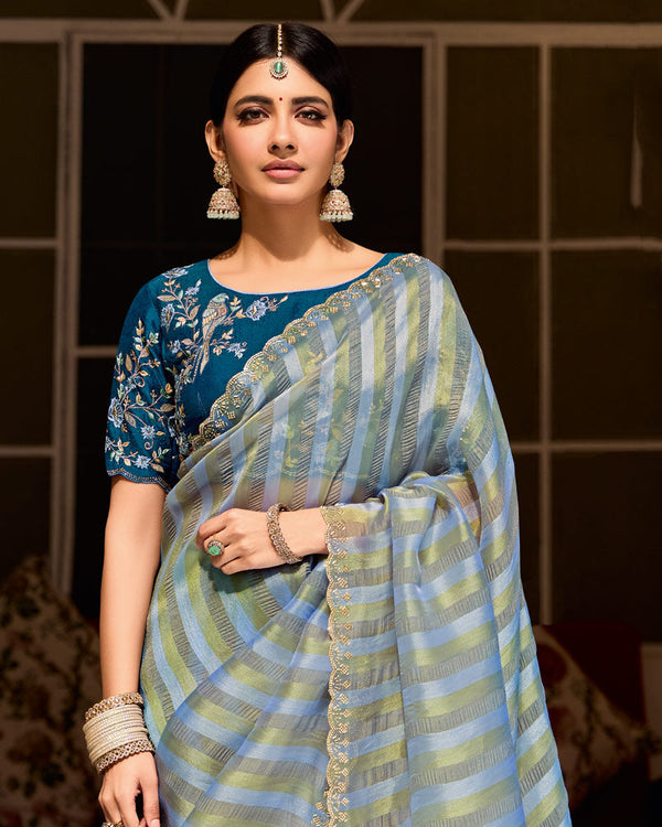 Vishal Prints Blue Gold Designer Crushed Tissue Saree With Diamond Work And Cut Work Embroidery Border