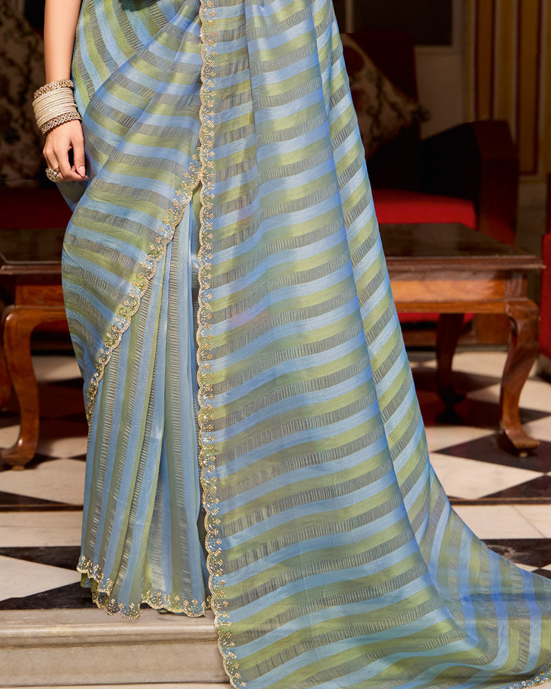 Vishal Prints Blue Gold Designer Crushed Tissue Saree With Diamond Work And Cut Work Embroidery Border
