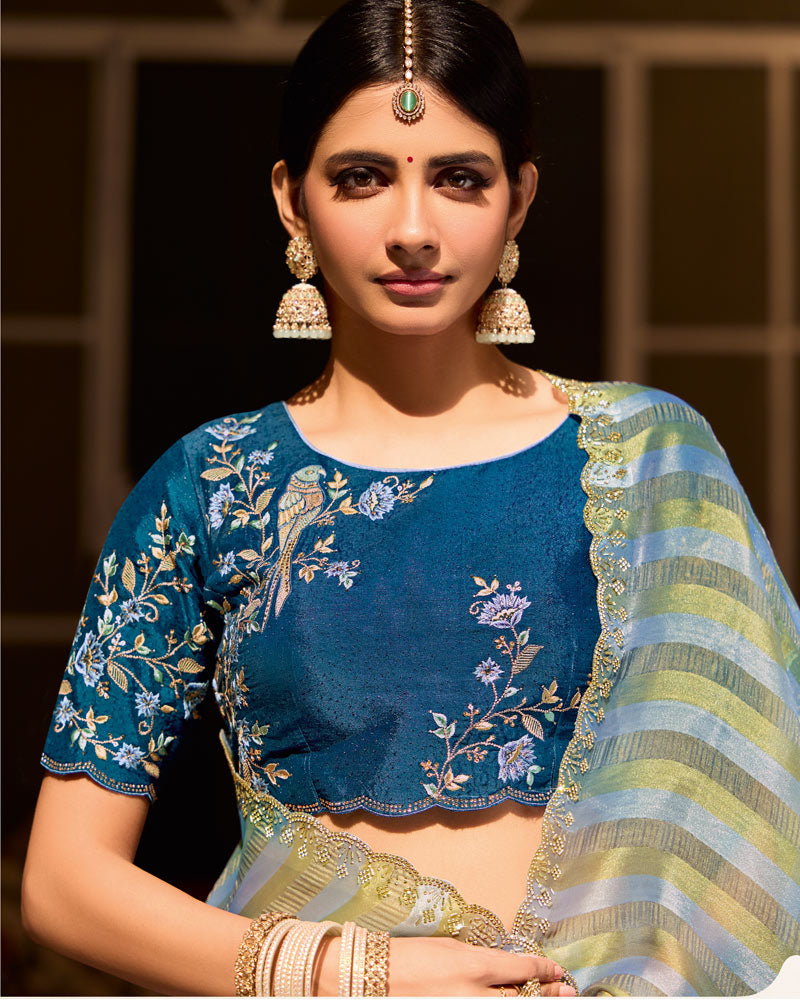 Vishal Prints Blue Gold Designer Crushed Tissue Saree With Diamond Work And Cut Work Embroidery Border