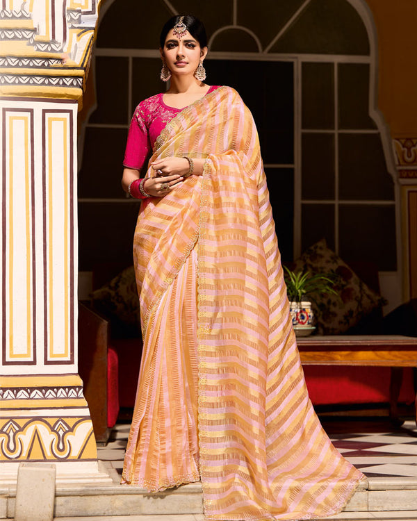 Vishal Prints Orange Gold Designer Crushed Tissue Saree With Diamond Work And Cut Work Embroidery Border