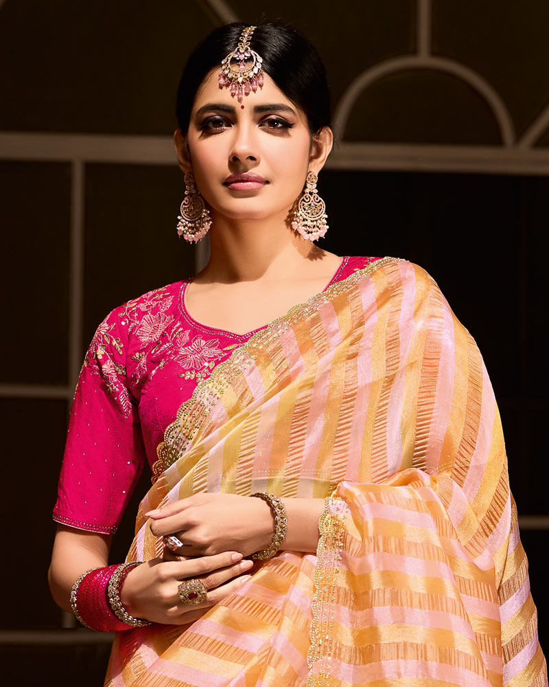 Vishal Prints Orange Gold Designer Crushed Tissue Saree With Diamond Work And Cut Work Embroidery Border