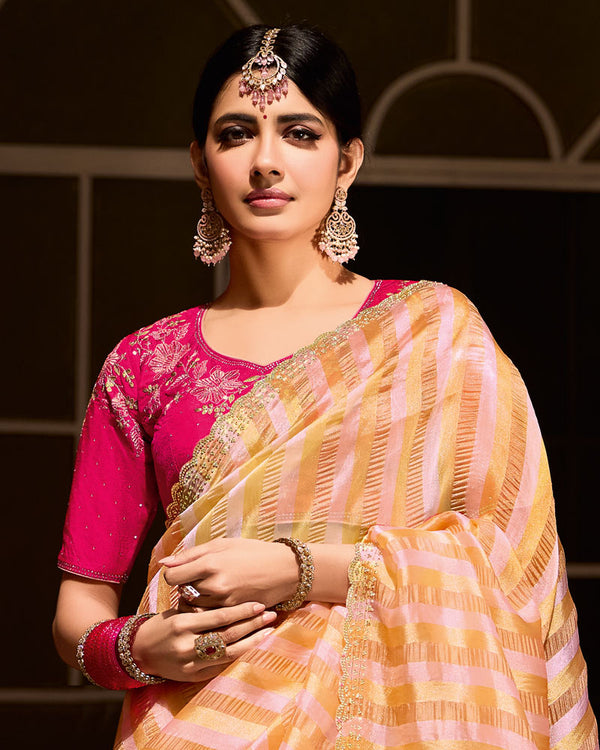 Vishal Prints Orange Gold Designer Crushed Tissue Saree With Diamond Work And Cut Work Embroidery Border