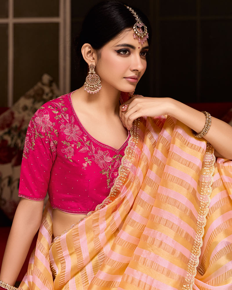 Vishal Prints Orange Gold Designer Crushed Tissue Saree With Diamond Work And Cut Work Embroidery Border