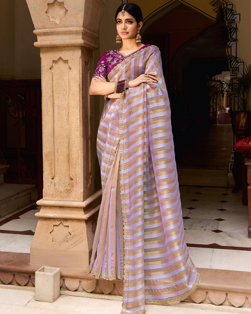 Vishal Prints Purple Designer Crushed Tissue Saree With Diamond Work And Cut Work Embroidery Border