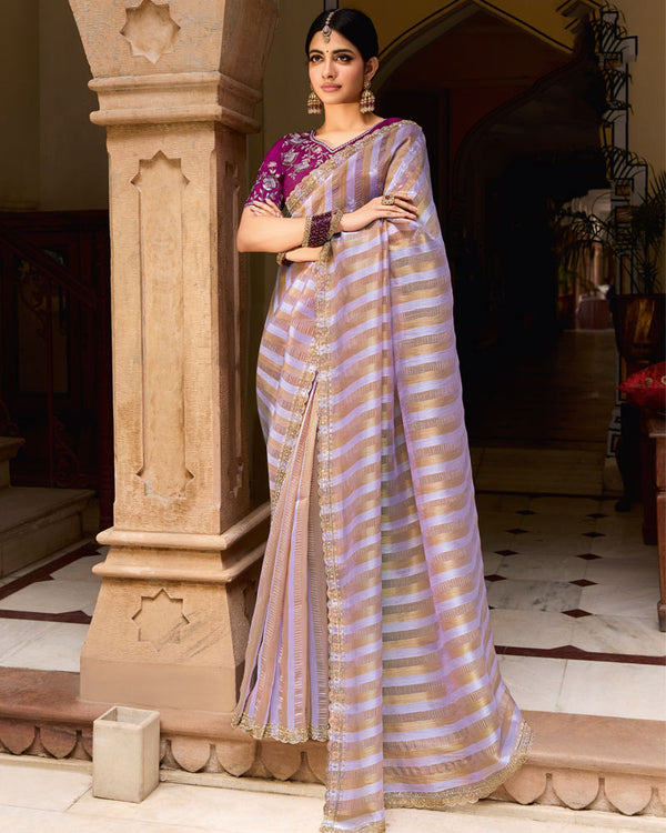 Vishal Prints Purple Designer Crushed Tissue Saree With Diamond Work And Cut Work Embroidery Border
