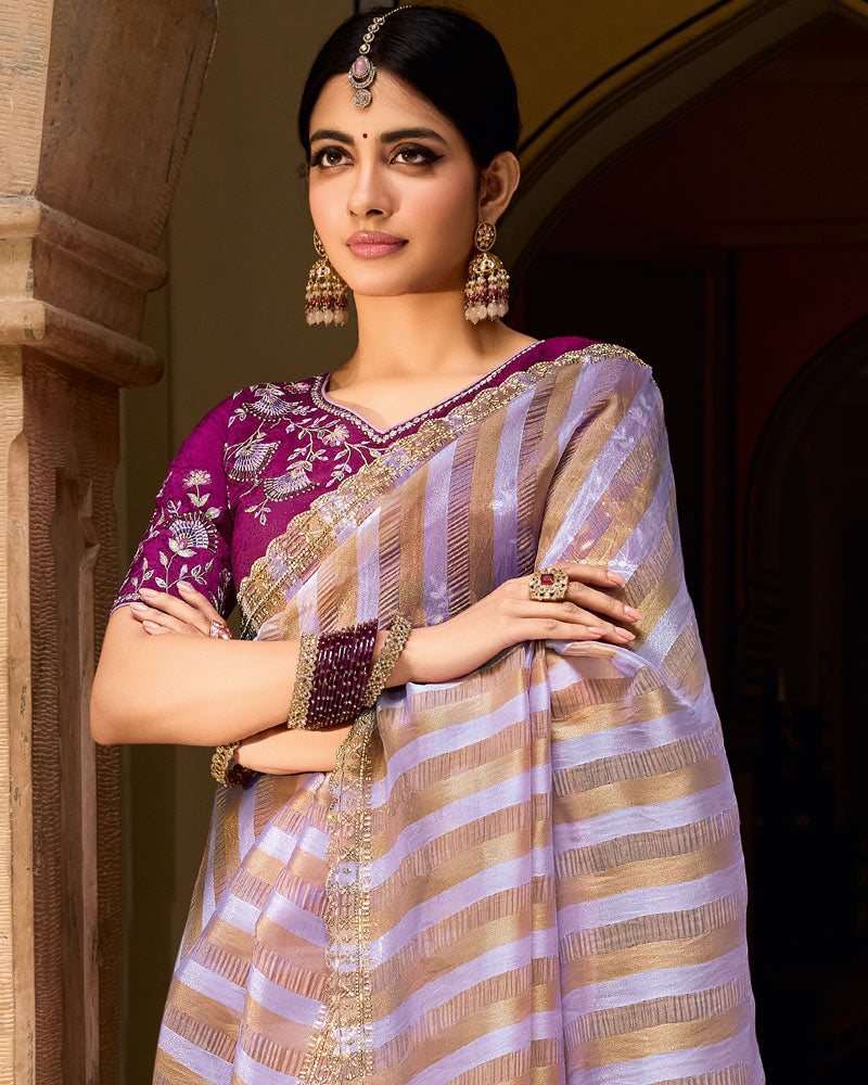 Vishal Prints Purple Designer Crushed Tissue Saree With Diamond Work And Cut Work Embroidery Border