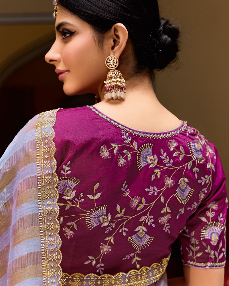 Vishal Prints Purple Designer Crushed Tissue Saree With Diamond Work And Cut Work Embroidery Border