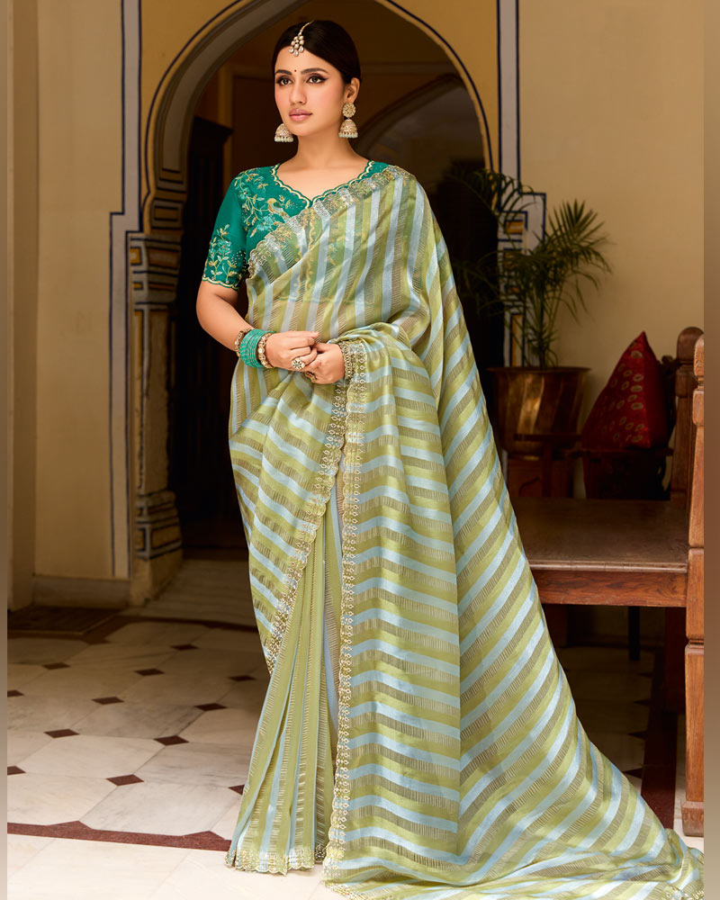 Vishal Prints Shaded Green Designer Crushed Tissue Saree With Diamond Work And Cut Work Embroidery Border