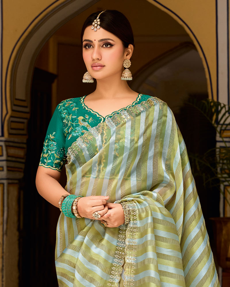 Vishal Prints Shaded Green Designer Crushed Tissue Saree With Diamond Work And Cut Work Embroidery Border