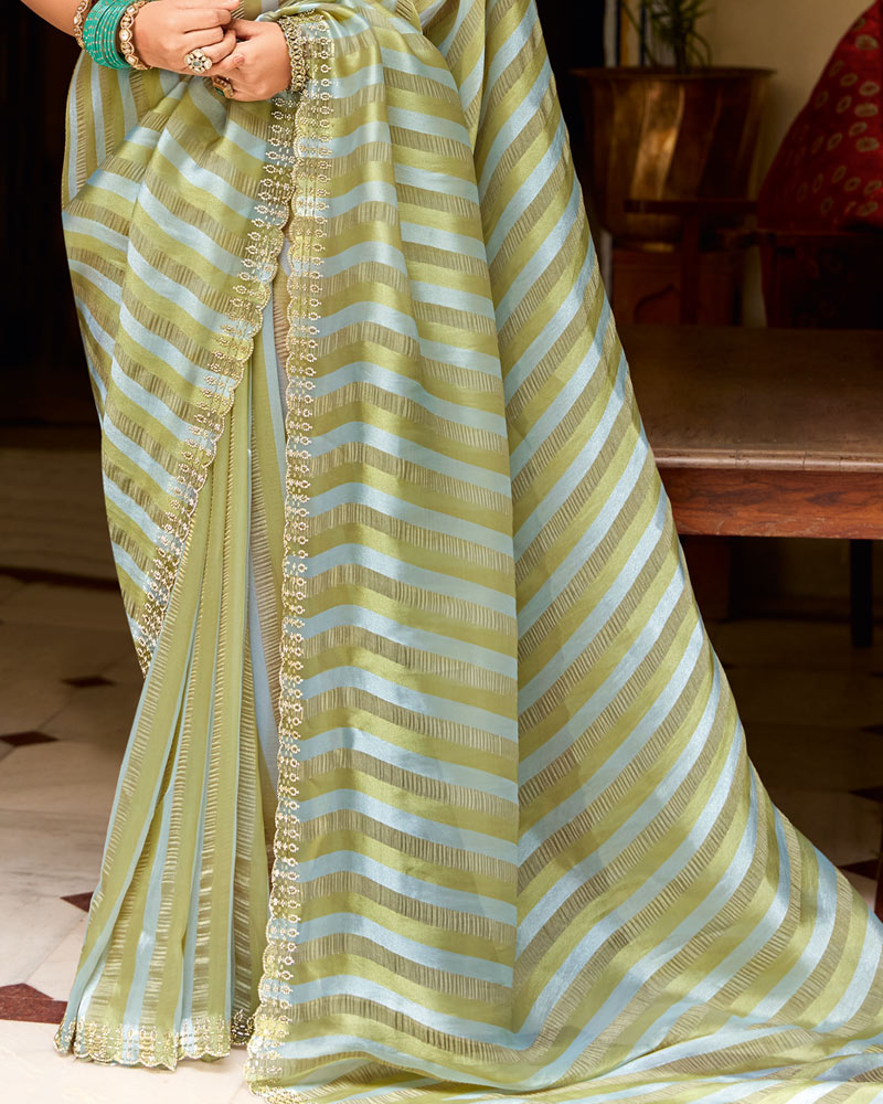 Vishal Prints Shaded Green Designer Crushed Tissue Saree With Diamond Work And Cut Work Embroidery Border