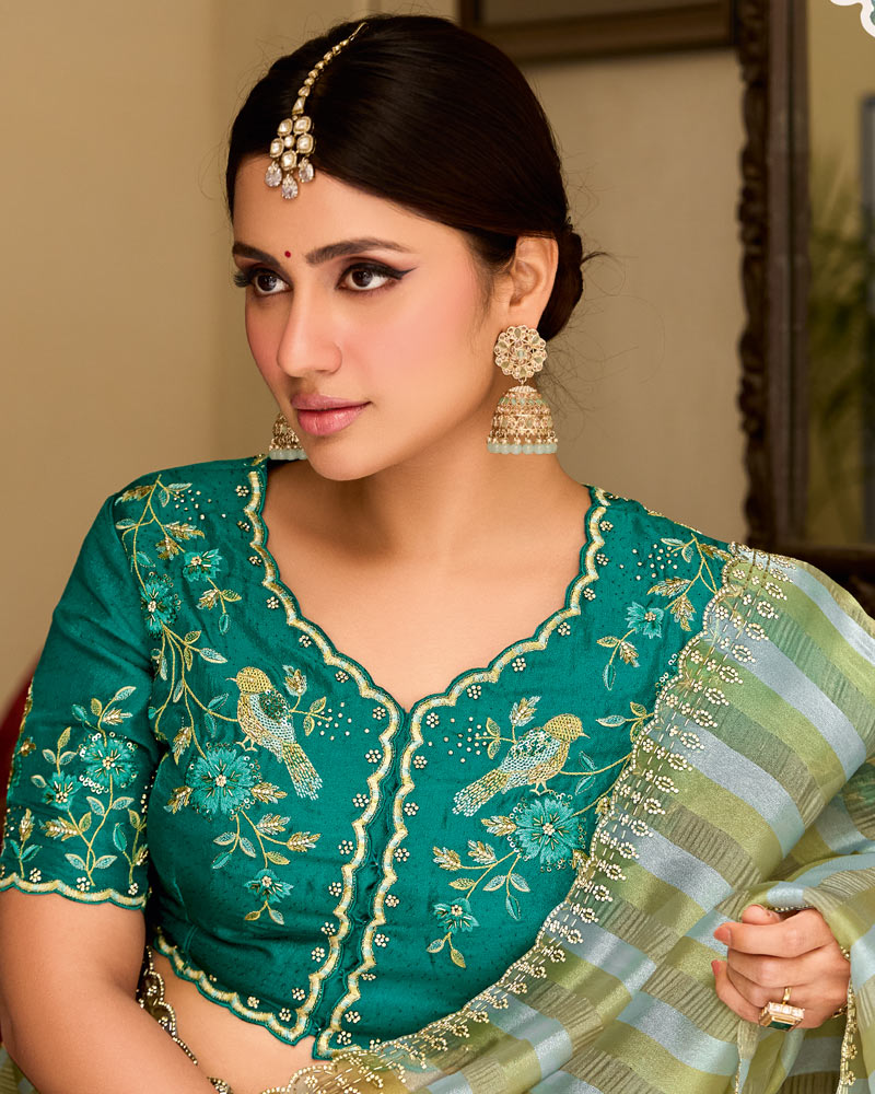 Vishal Prints Shaded Green Designer Crushed Tissue Saree With Diamond Work And Cut Work Embroidery Border